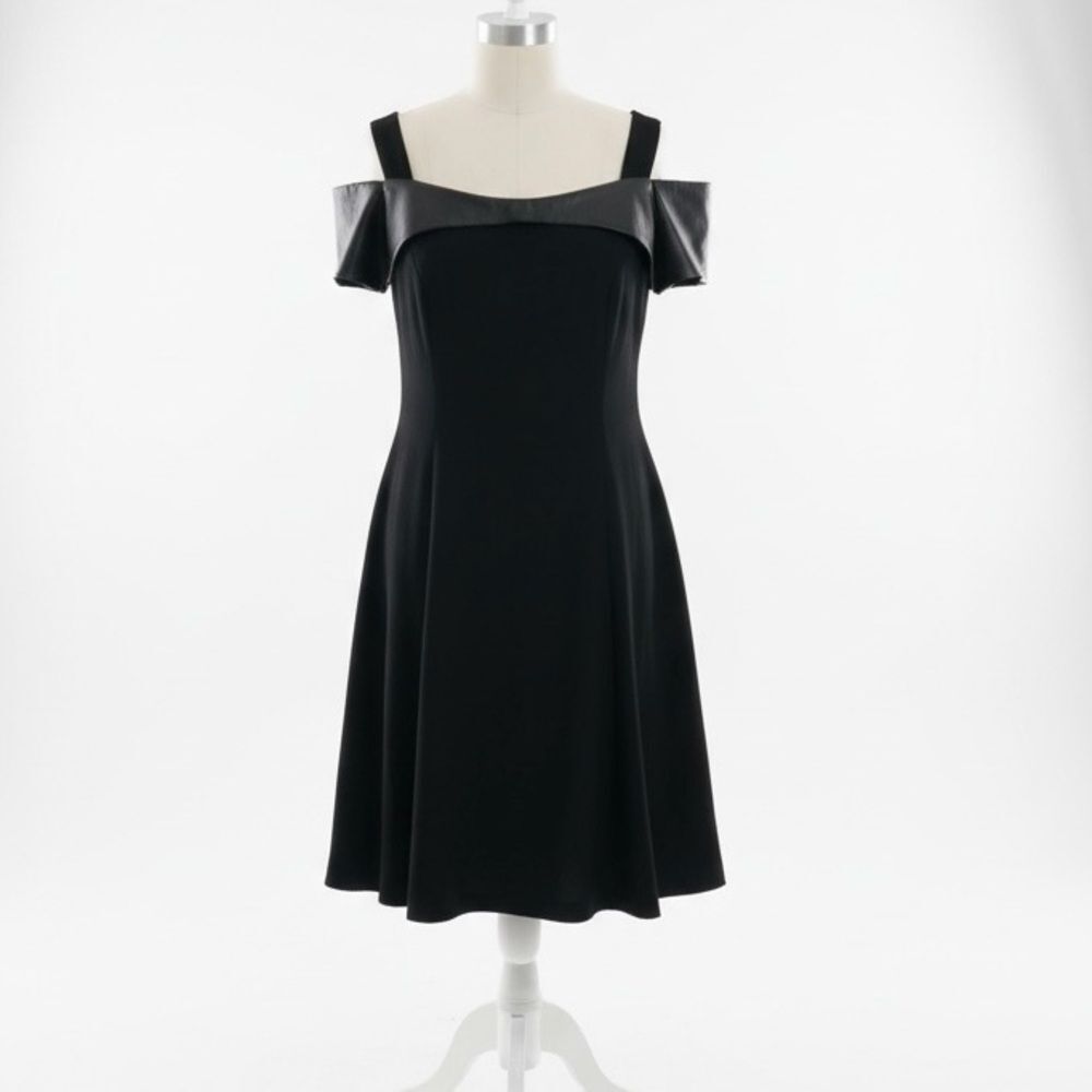 SHANI Black Mini Dress with leather cold shoulder detail. Edgy size 6